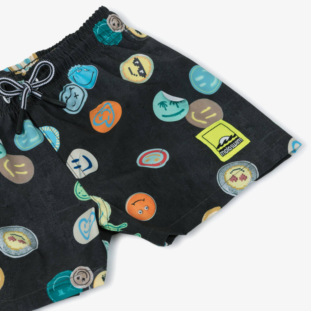 Molo-Boys Black Smiling Face Swim Shorts (UPF50+) | Childrensalon