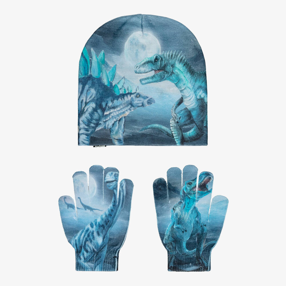 Molo-Boys Blue Beanie Hat & Gloves Set with Dino Print | Childrensalon
