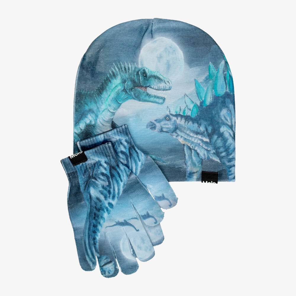 Molo-Boys Blue Beanie Hat & Gloves Set with Dino Print | Childrensalon