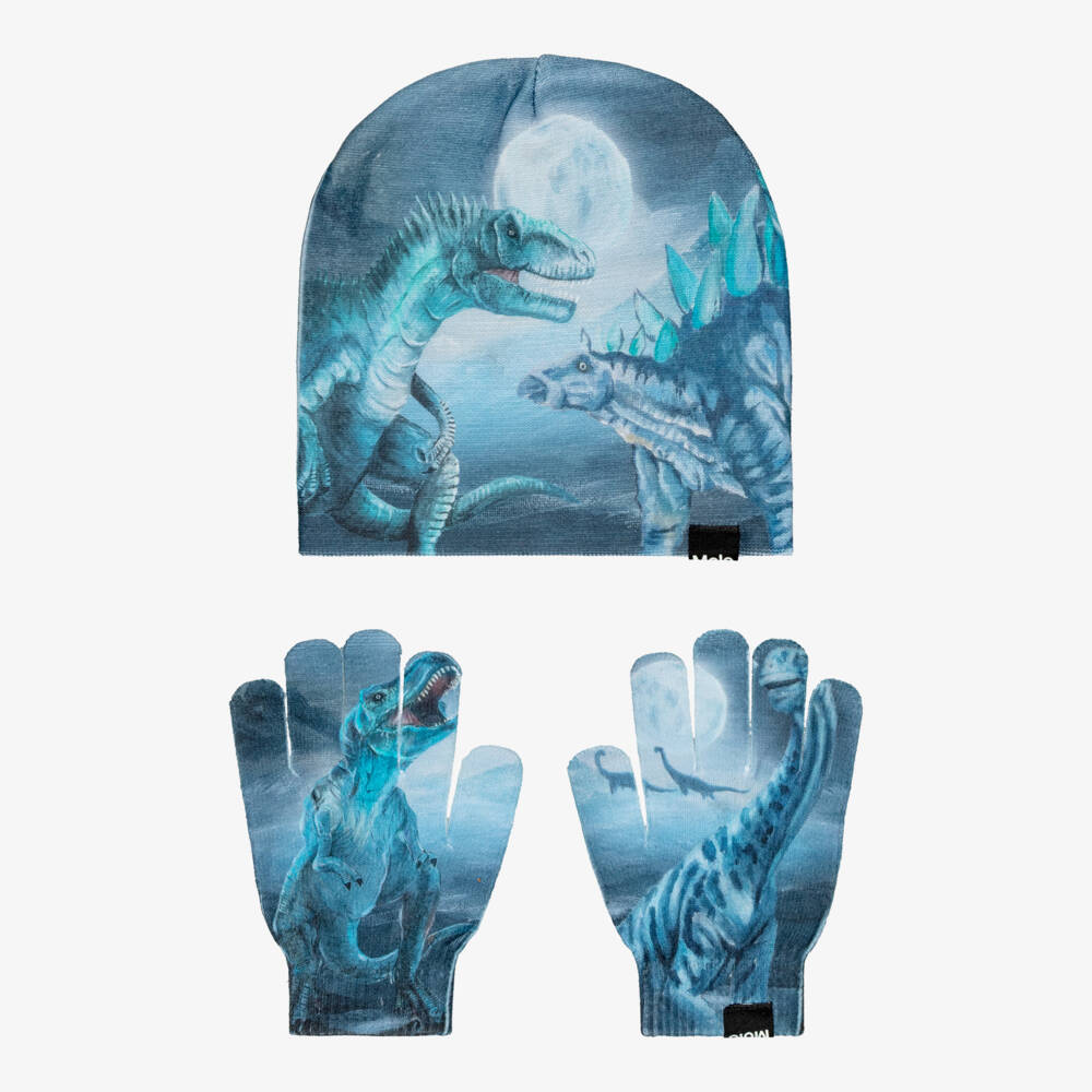 Molo-Boys Blue Beanie Hat & Gloves Set with Dino Print | Childrensalon