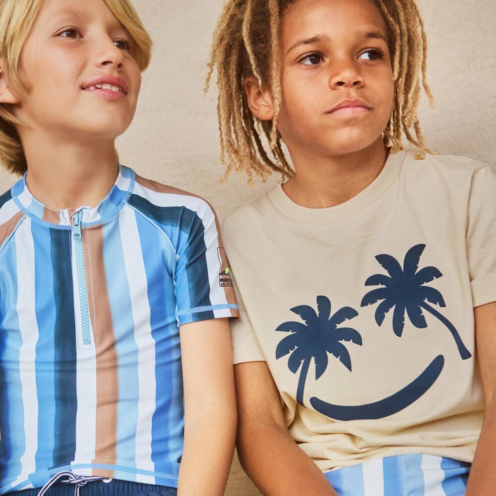 Molo-Boys Blue & Beige Striped Swim Top (UPF50+) | Childrensalon