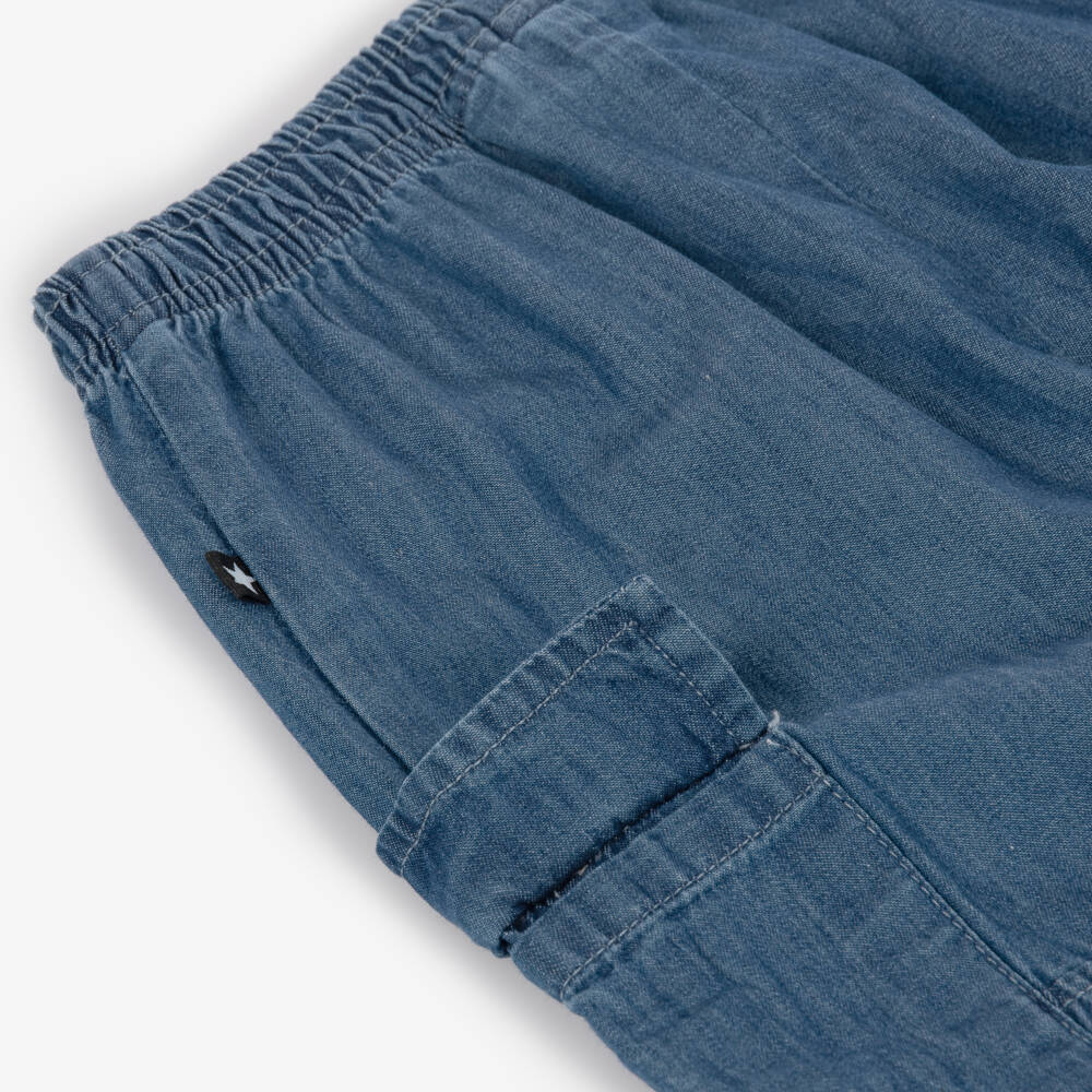 Molo-Boys Blue Cargo Trousers in Organic Cotton Chambray | Childrensalon