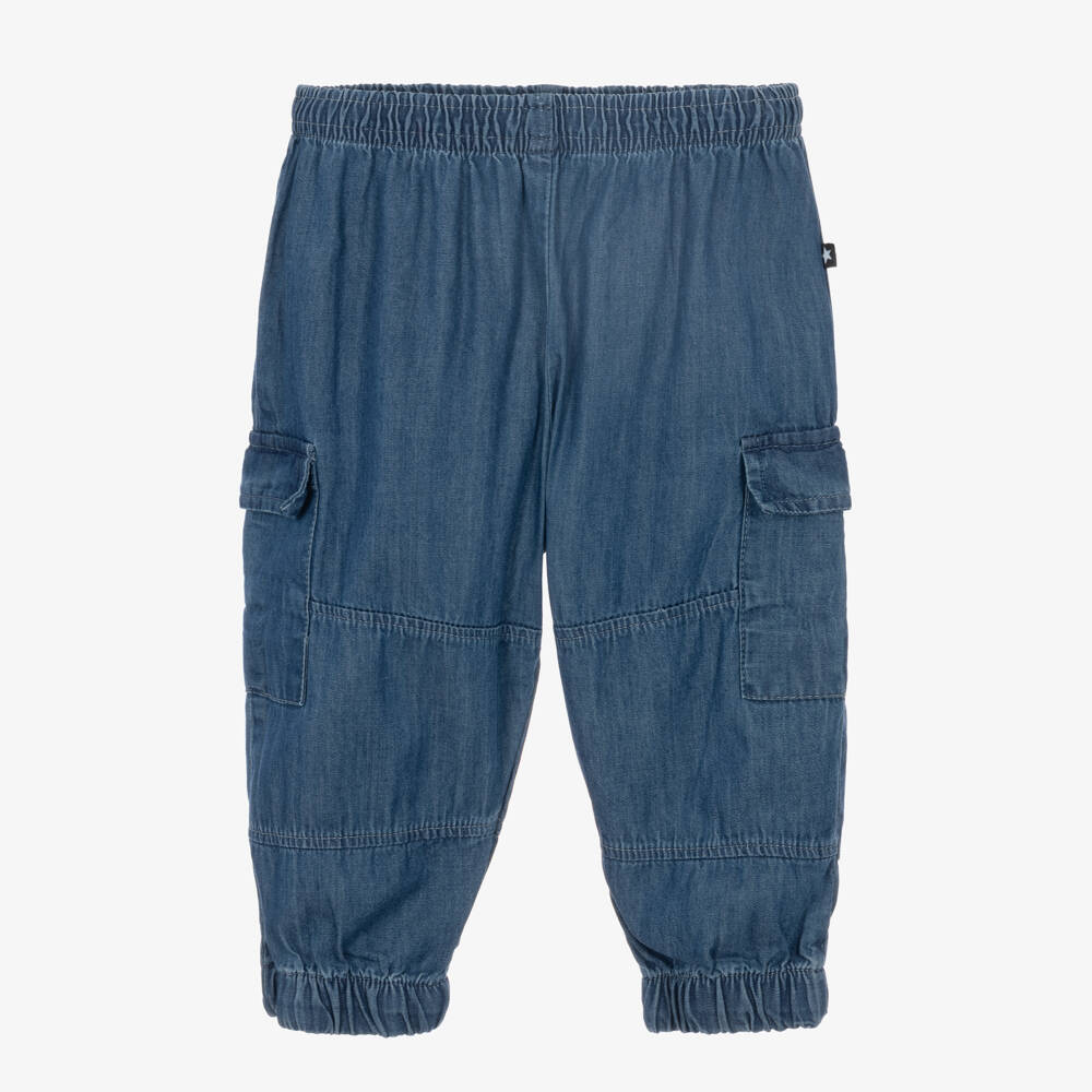 Molo-Boys Blue Cargo Trousers in Organic Cotton Chambray | Childrensalon