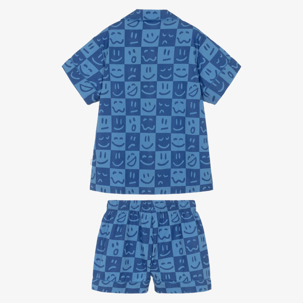 Molo-Boys Blue Checked Smiling Face Short Pyjamas | Childrensalon