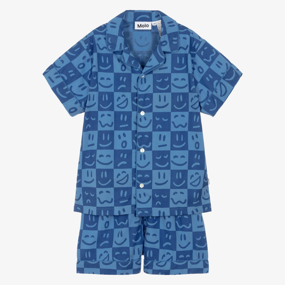 Molo-Boys Blue Checked Smiling Face Short Pyjamas | Childrensalon