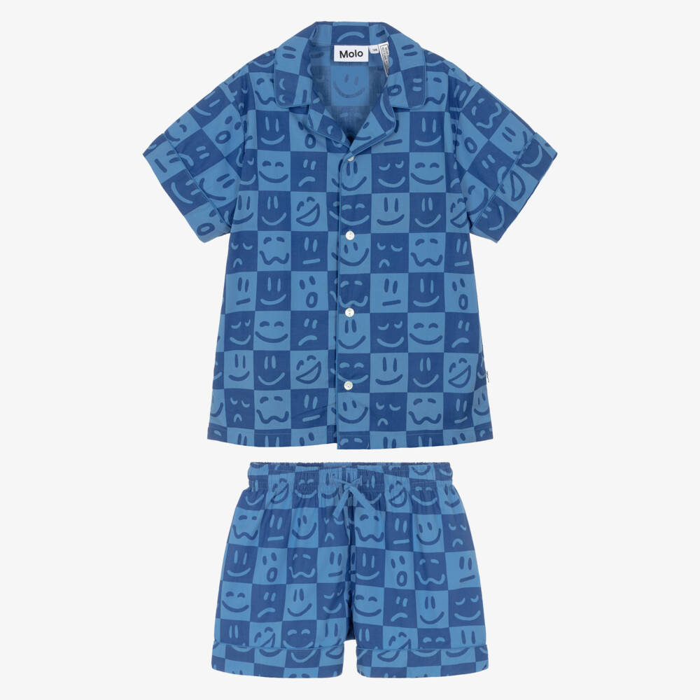 Molo-Boys Blue Checked Smiling Face Short Pyjamas | Childrensalon