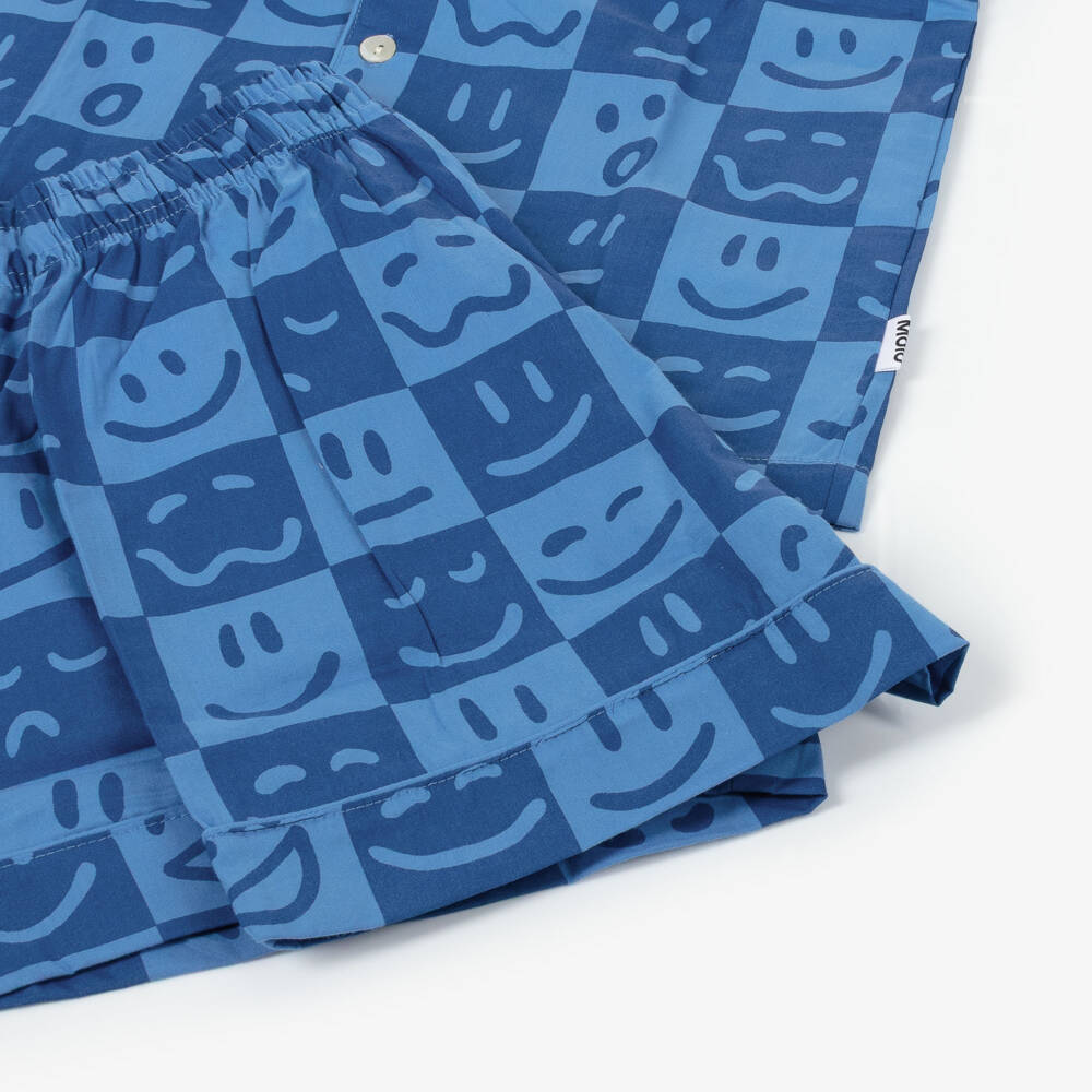 Molo-Boys Blue Checked Smiling Face Short Pyjamas | Childrensalon