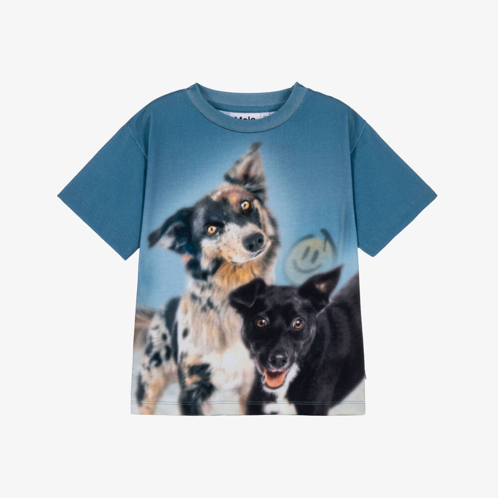 Molo-Boys Blue Cotton T-shirt with Dog Duo Graphic  | Childrensalon