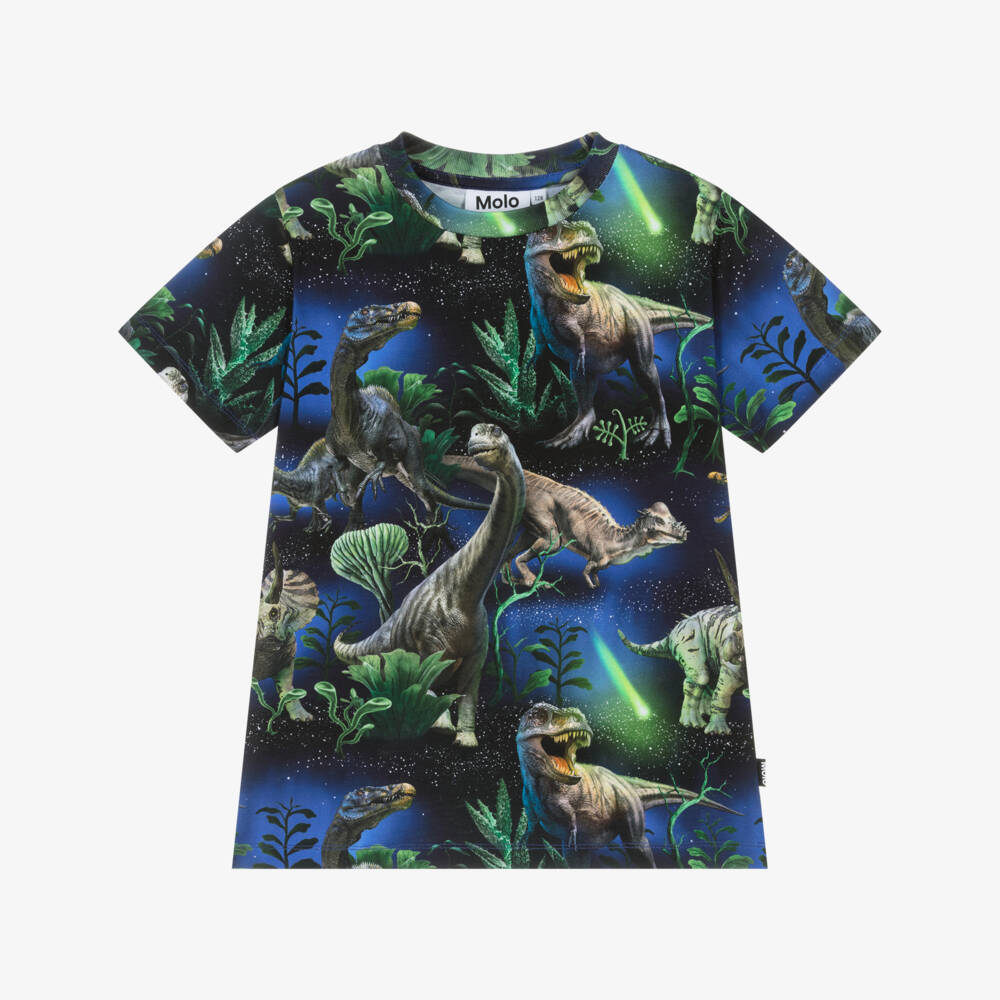 Molo-Boys Blue & Green Organic Cotton Dinosaur Print T-Shirt | Childrensalon