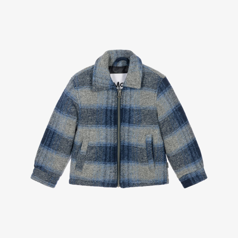Molo-Boys Blue & Grey Check Wool Mix Jacket | Childrensalon