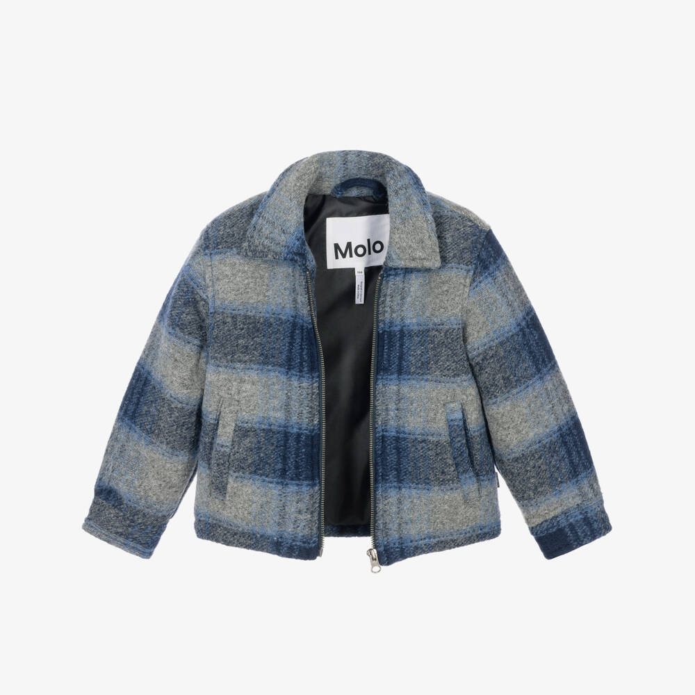 Molo-Boys Blue & Grey Check Wool Mix Jacket | Childrensalon