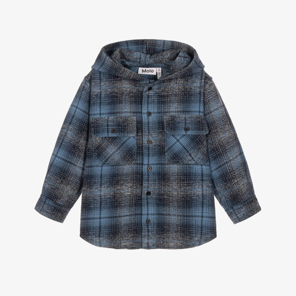 Molo-Boys Blue & Grey Checked Hooded Shirt | Childrensalon