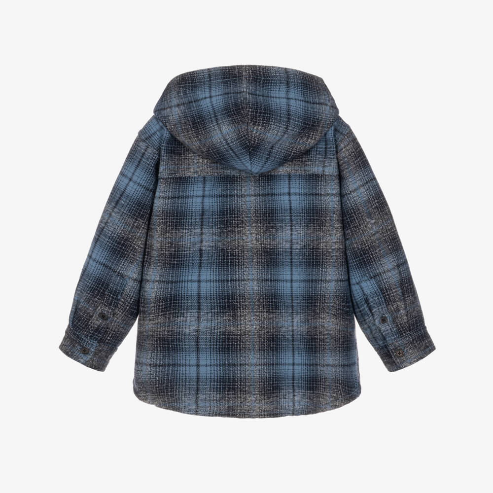 Molo-Boys Blue & Grey Checked Hooded Shirt | Childrensalon