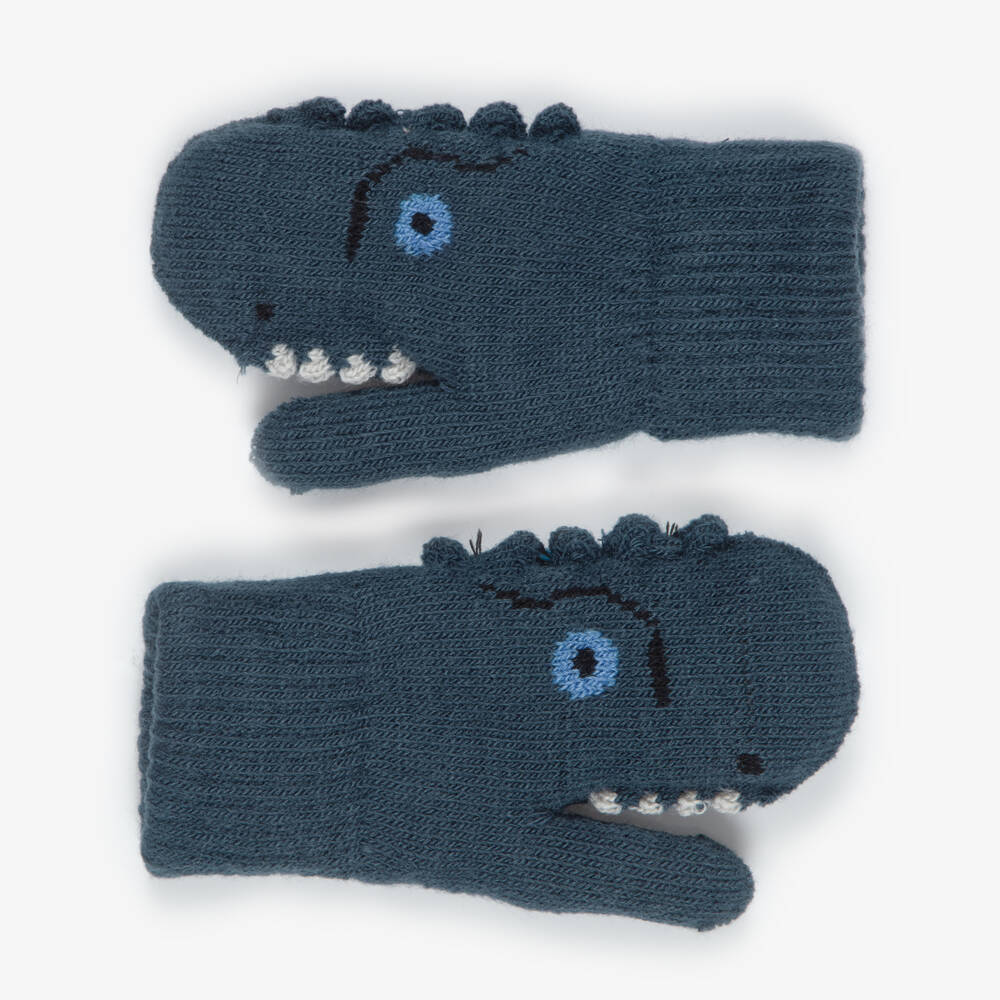 Molo-Boys Blue Knitted Dinosaur Mittens | Childrensalon