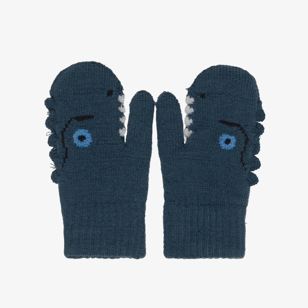 Molo-Boys Blue Knitted Dinosaur Mittens | Childrensalon