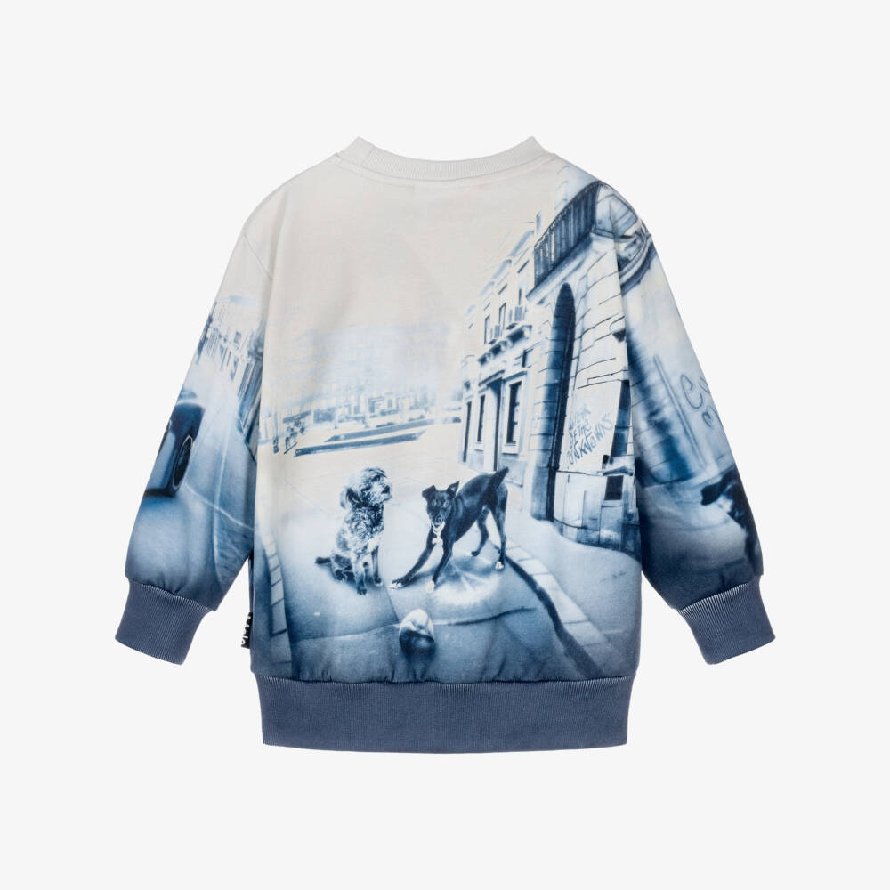 Molo-Boys Blue Organic Cotton Sweatshirt with Car & Dog Print | Childrensalon