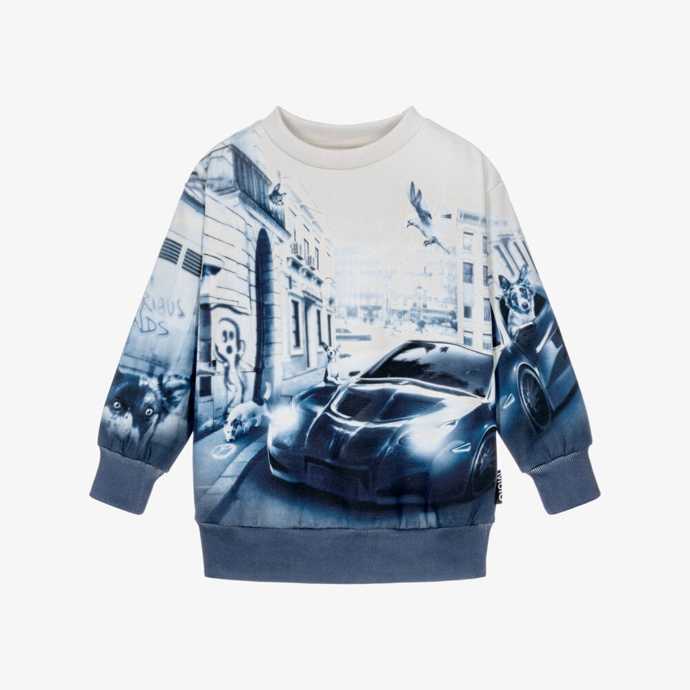Molo-Boys Blue Organic Cotton Sweatshirt with Car & Dog Print | Childrensalon