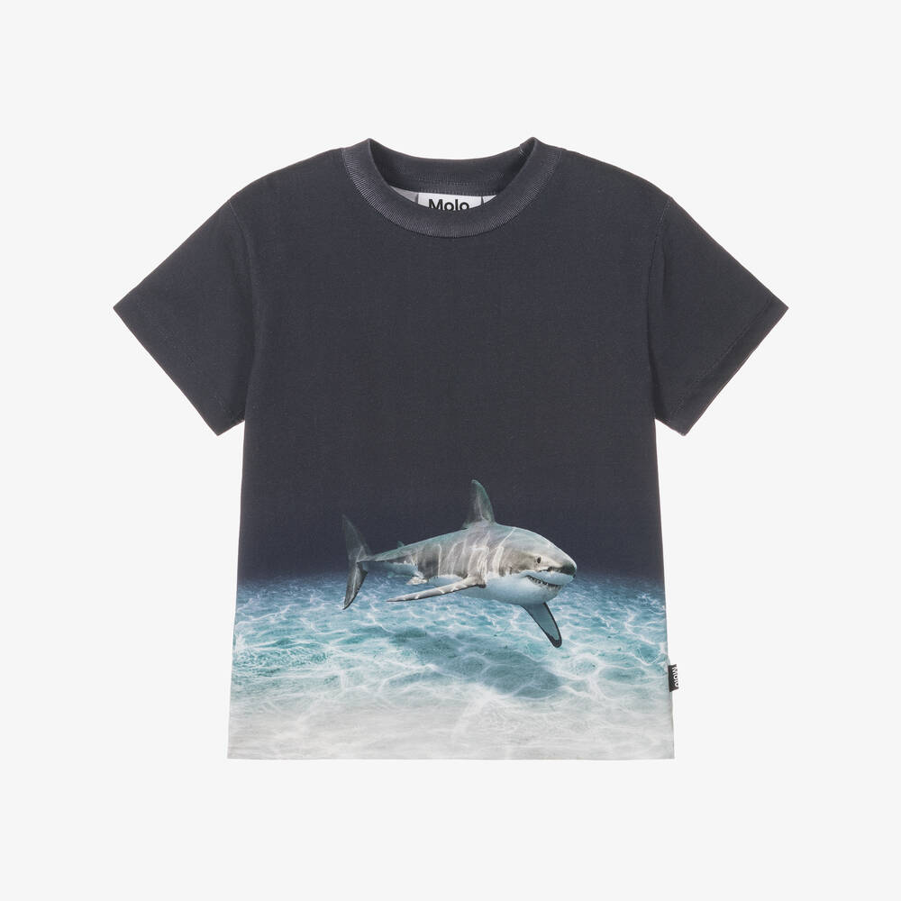 Molo-Boys Blue Shark Print Cotton T-Shirt | Childrensalon