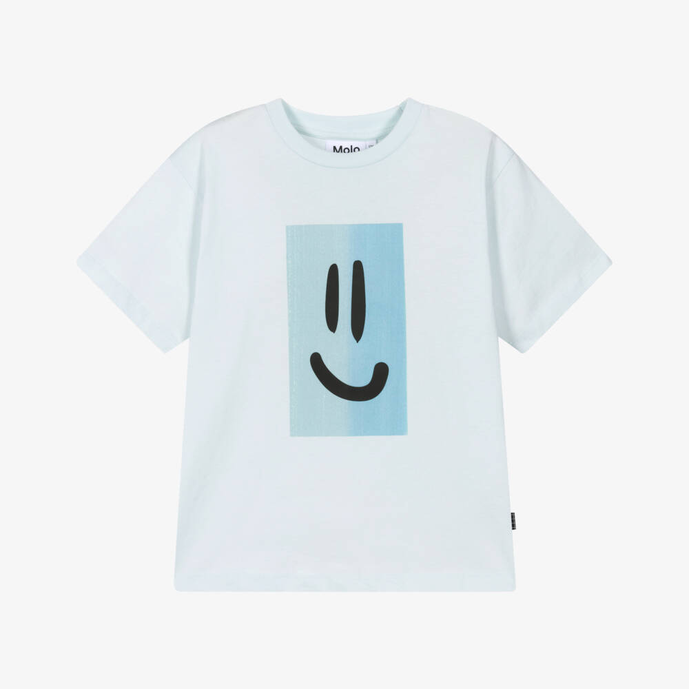 Molo-Boys Blue Smiling Face Print Organic Cotton T-Shirt | Childrensalon