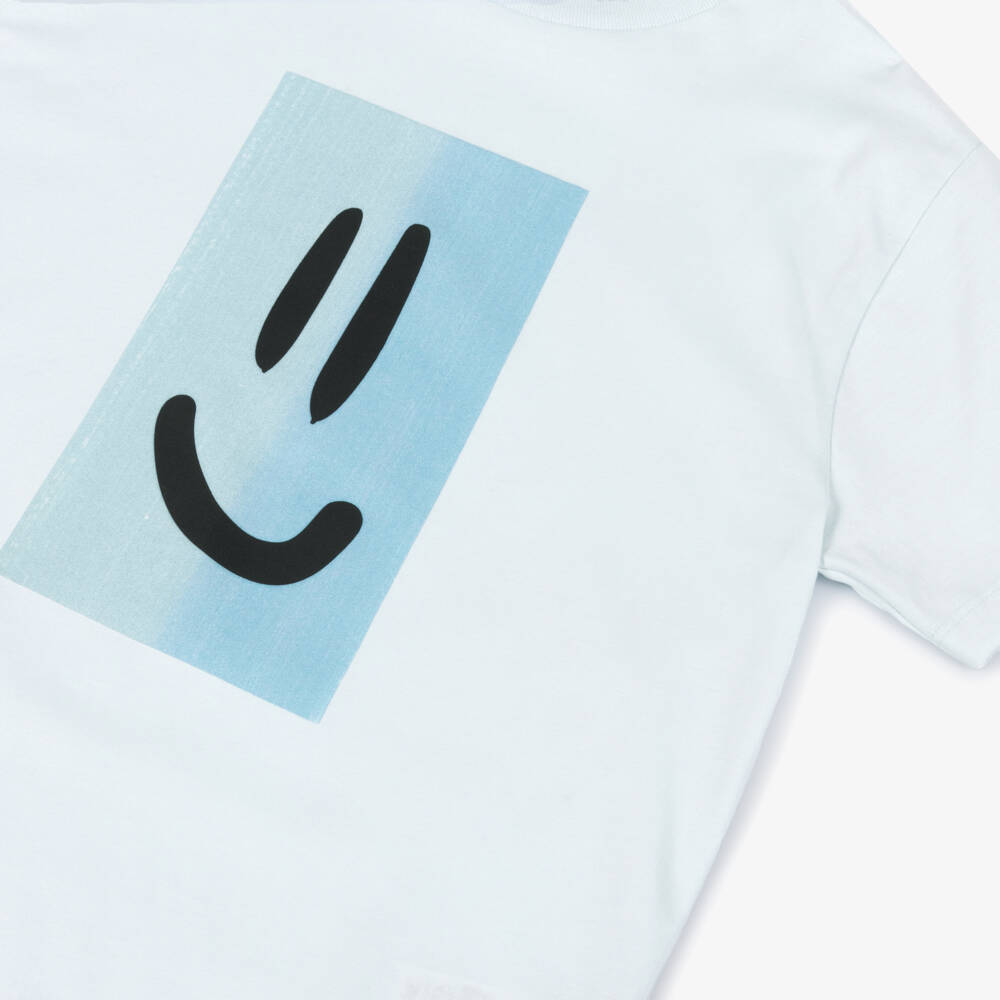Molo-Boys Blue Smiling Face Print Organic Cotton T-Shirt | Childrensalon
