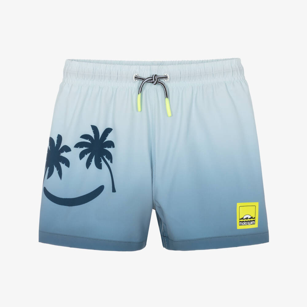 Molo-Boys Blue Smiling Palm Tree Swim Shorts (UPF50+) | Childrensalon