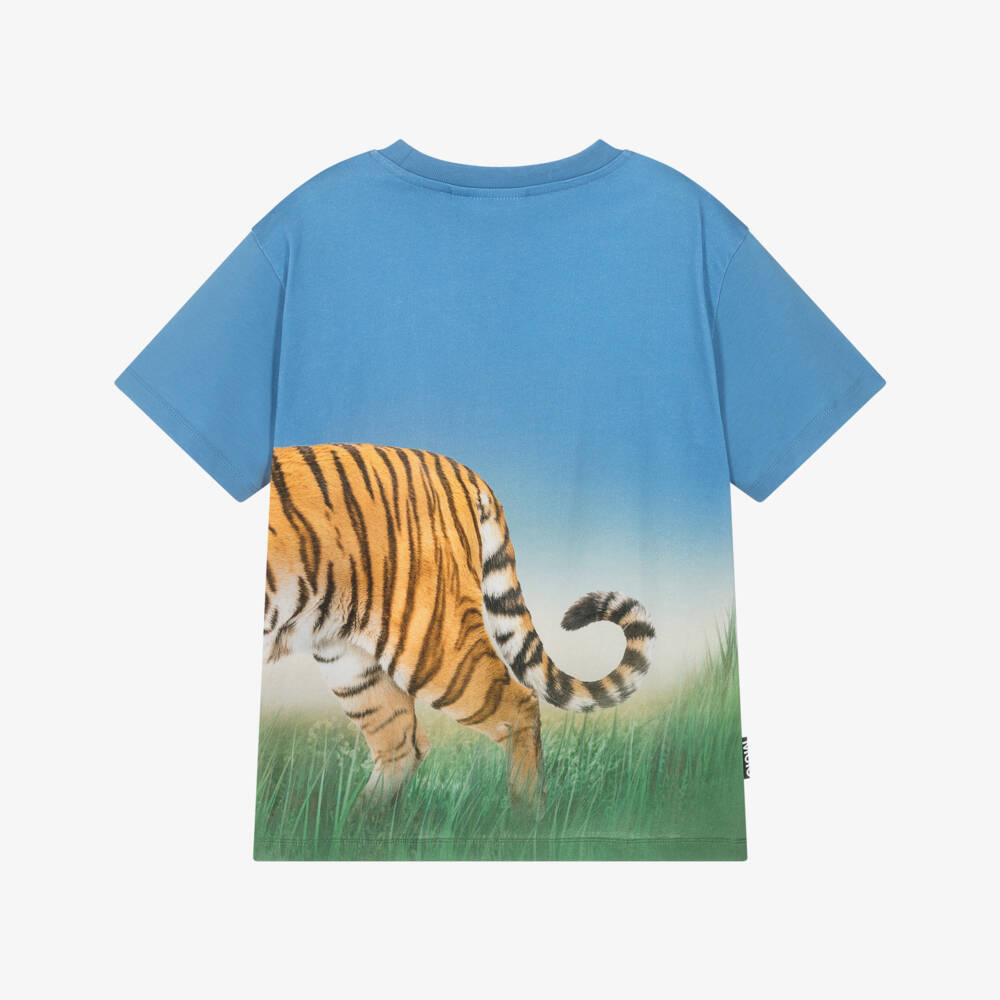 Molo-Boys Blue Tiger Print Organic Cotton T-Shirt | Childrensalon
