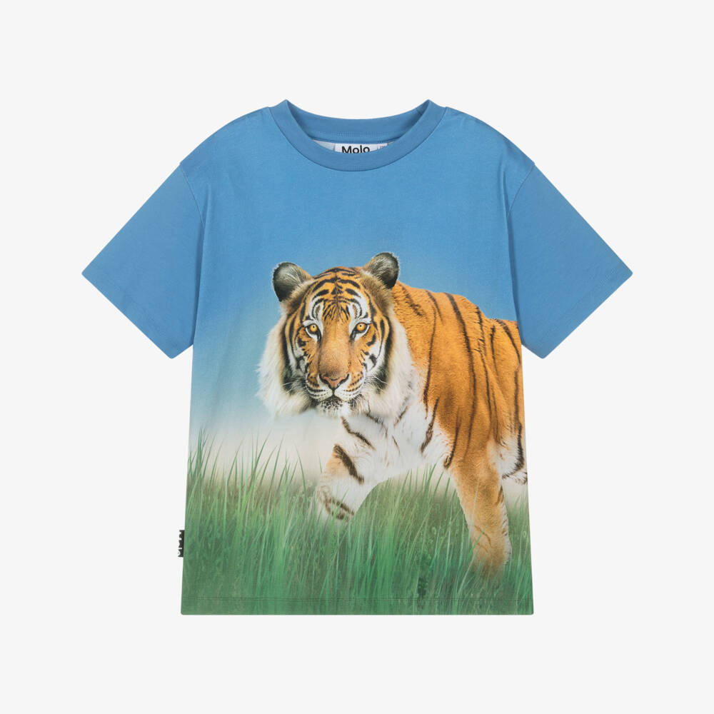 Molo-Boys Blue Tiger Print Organic Cotton T-Shirt | Childrensalon