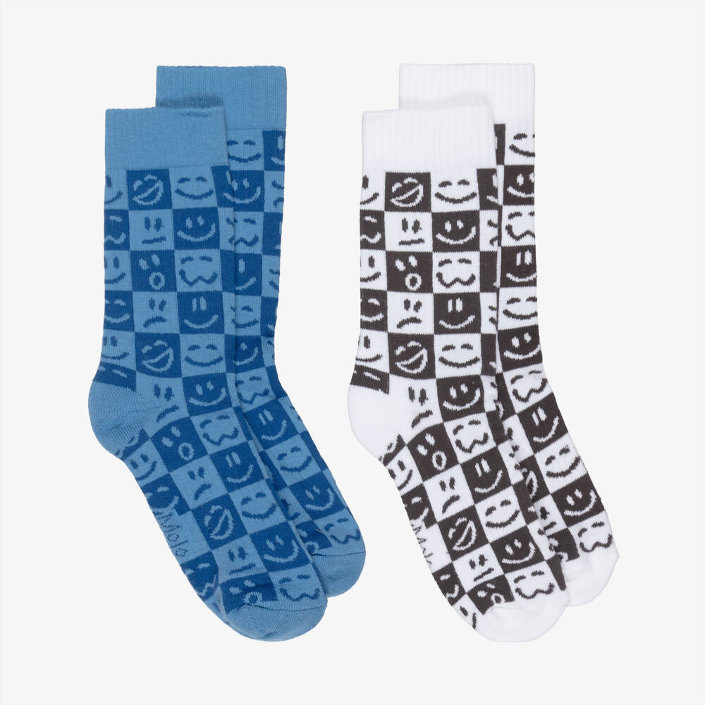 Molo-Boys Blue, White & Black Cotton Checkerboard Socks (2 Pack) | Childrensalon