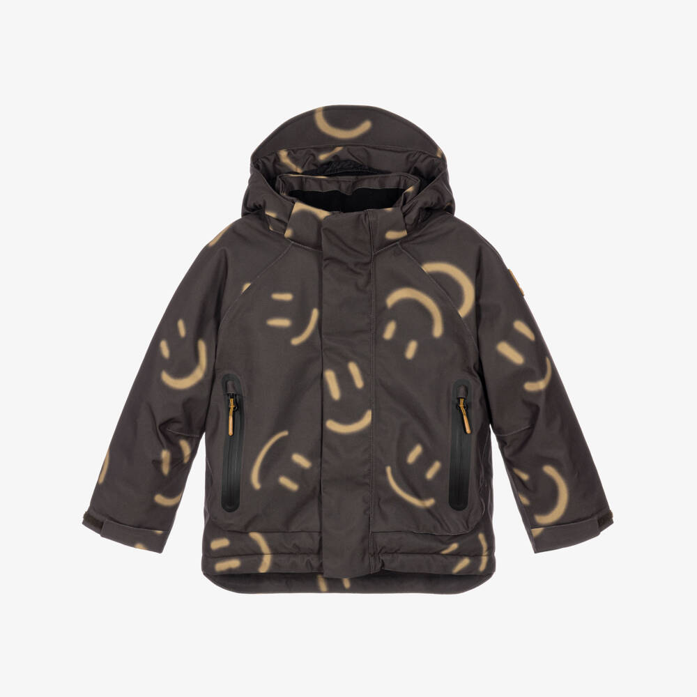Molo-Boys Brown Happy Face Print Technical Winter Jacket | Childrensalon