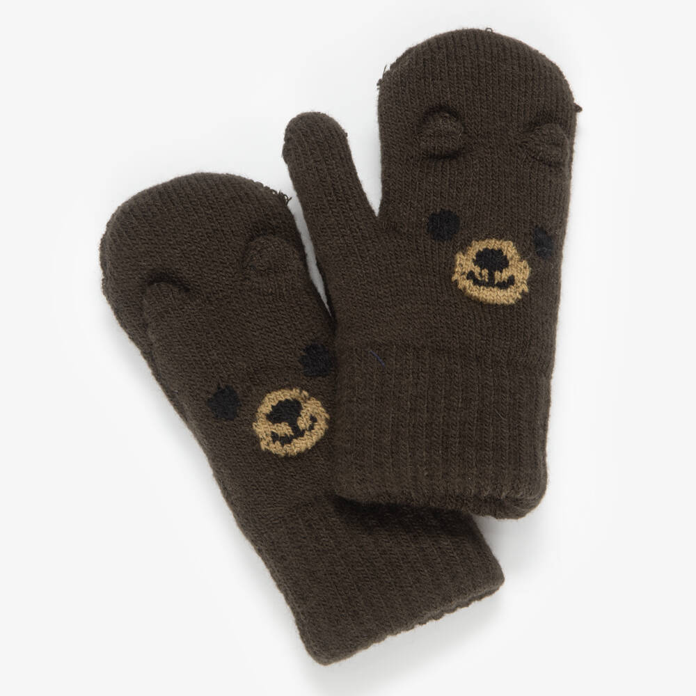 Molo-Boys Brown Knitted Teddy Bear Mittens | Childrensalon