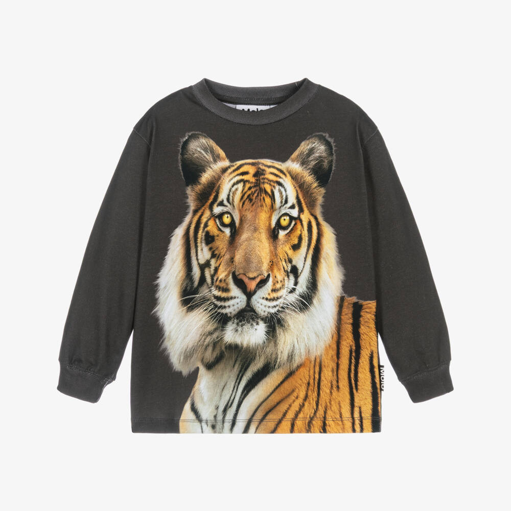 Molo-Boys Dark Grey Cotton Tiger Print Top | Childrensalon