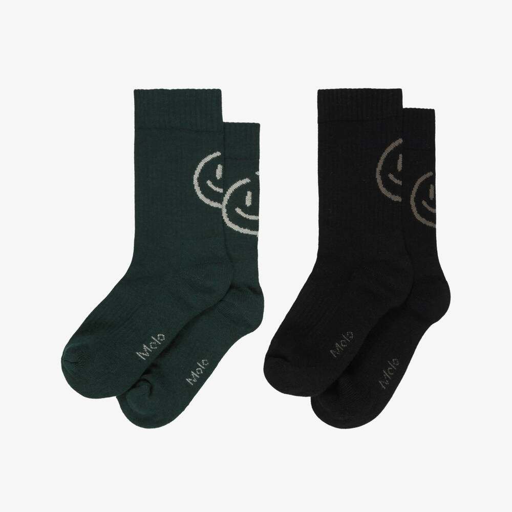 Molo-Boys Green & Black Smiling Face Socks (2 Pack) | Childrensalon