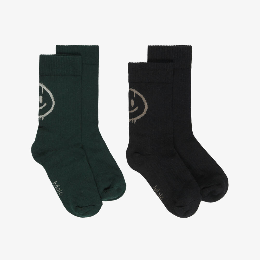 Molo-Boys Green & Black Smiling Face Socks (2 Pack) | Childrensalon