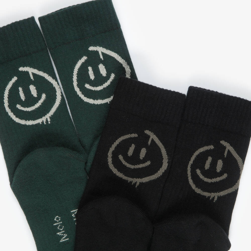 Molo-Boys Green & Black Smiling Face Socks (2 Pack) | Childrensalon