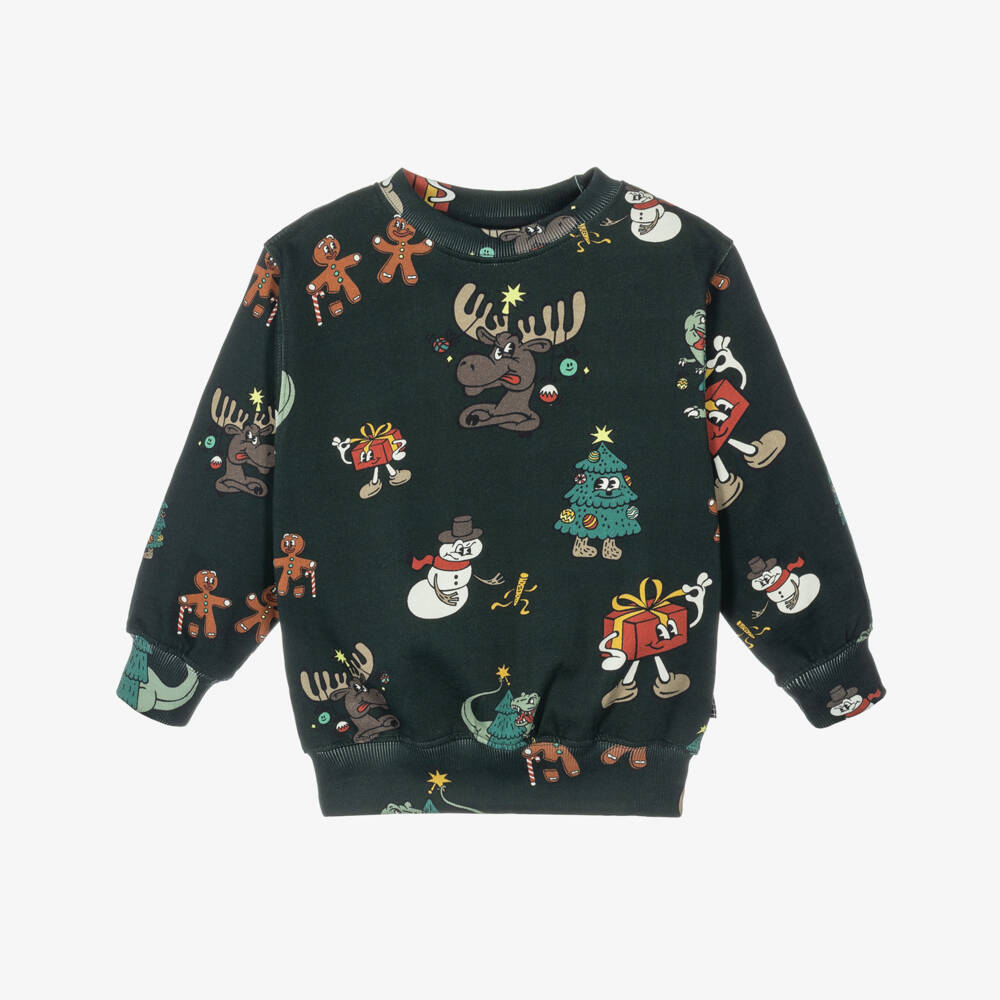 Molo-Boys Green Christmas Cartoon Sweatshirt | Childrensalon
