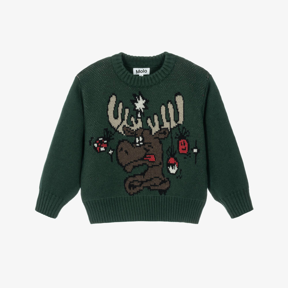 Molo-Boys Green Christmas Moose Sweater | Childrensalon