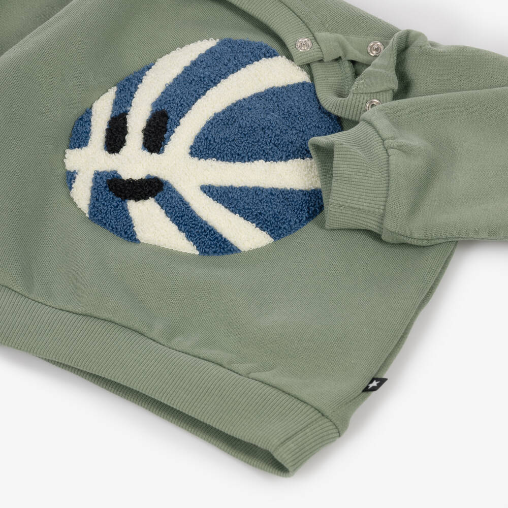 Molo-Boys Green Cotton Sweatshirt with Basketball Motif | Childrensalon