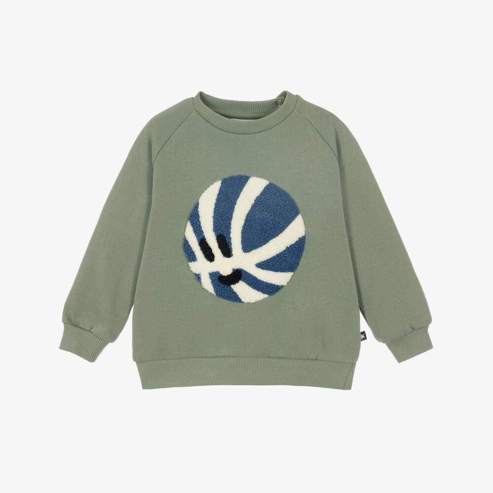 Molo-Boys Green Cotton Sweatshirt with Basketball Motif | Childrensalon