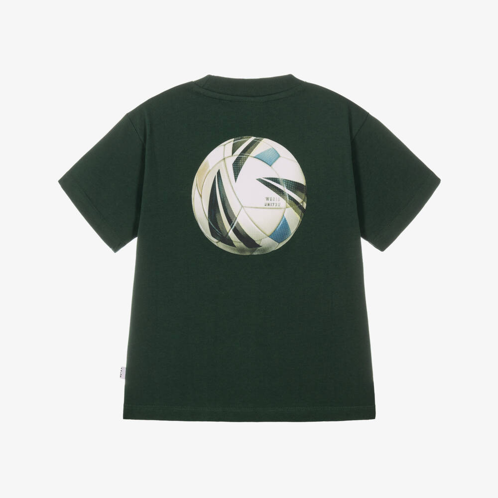 Molo-Boys Green Cotton T-Shirt with Football Graphic | Childrensalon