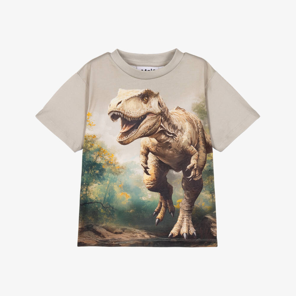 Molo-Boys Green Cotton T-Shirt with T-Rex Dinosaur  | Childrensalon