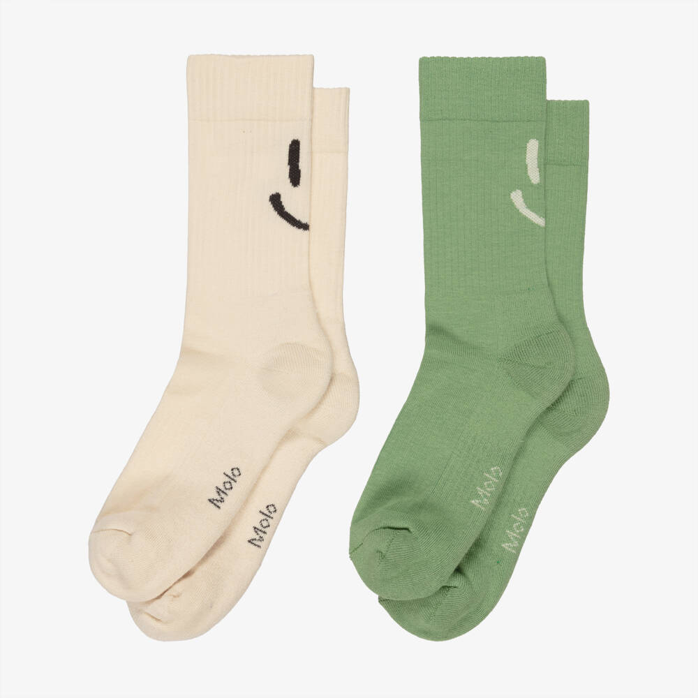 Molo-Носки зелено-кремовые из хлопка со смайлами для мальчиков (2пары) | Childrensalon