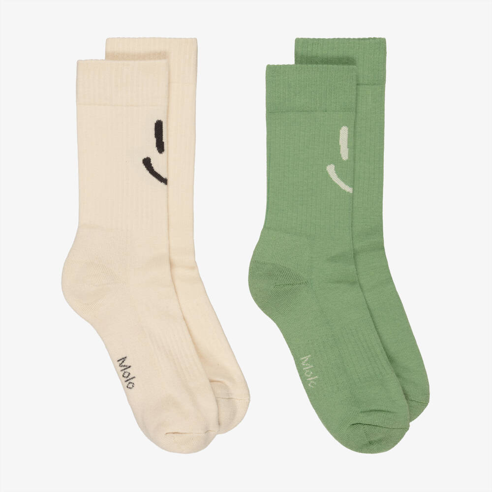 Molo-Носки зелено-кремовые из хлопка со смайлами для мальчиков (2пары) | Childrensalon