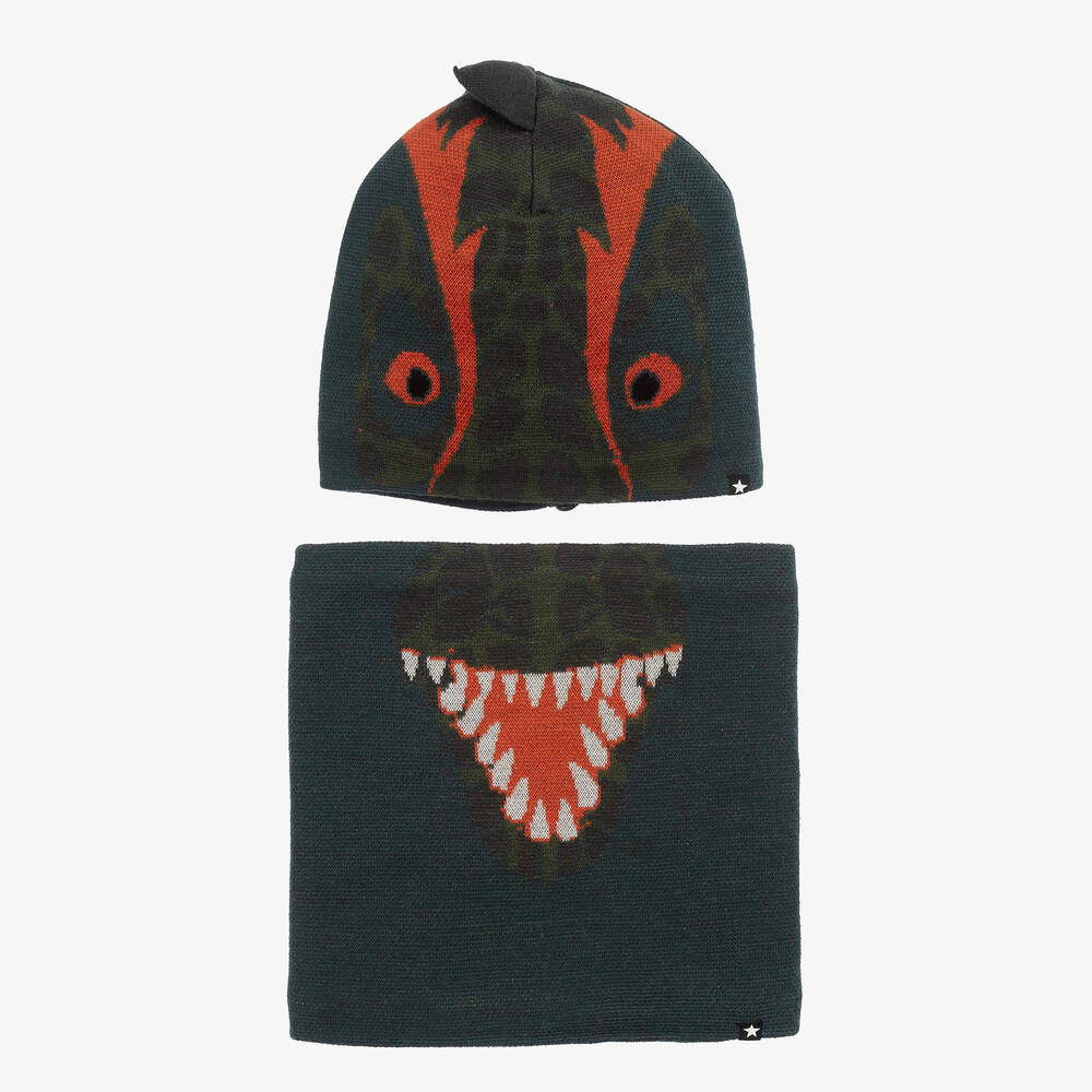 Molo-Boys Green Knit Dinosaur Hat & Snood Set | Childrensalon