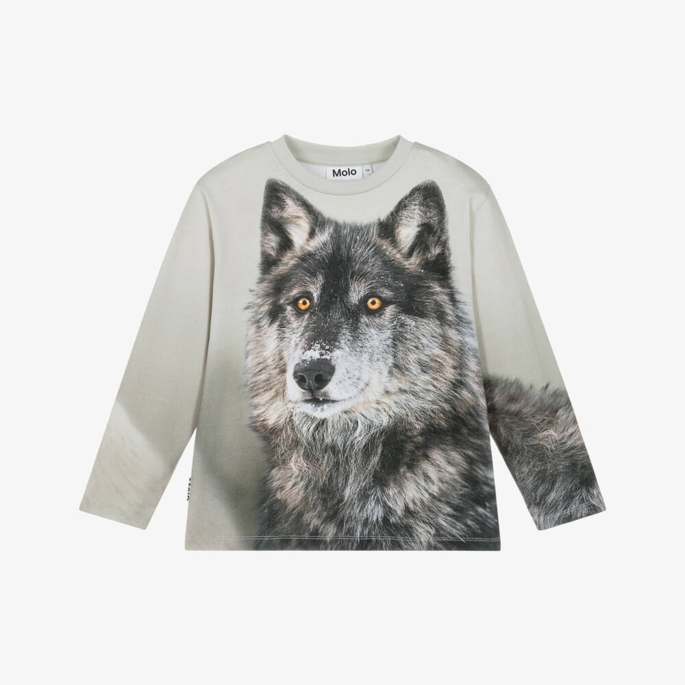 Molo-Boys Grey Cotton Long Sleeve Wolves Print Top | Childrensalon