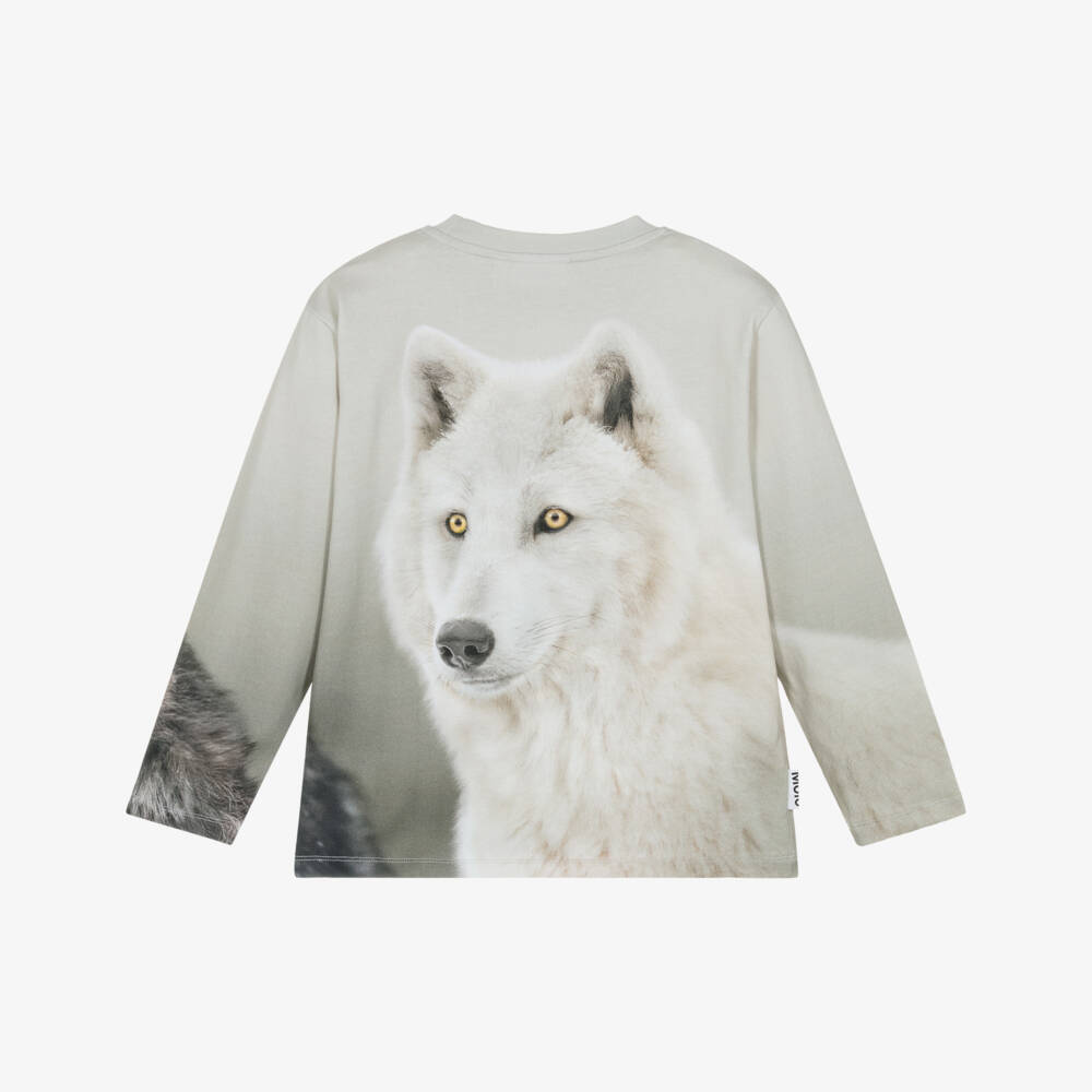 Molo-Boys Grey Cotton Long Sleeve Wolves Print Top | Childrensalon