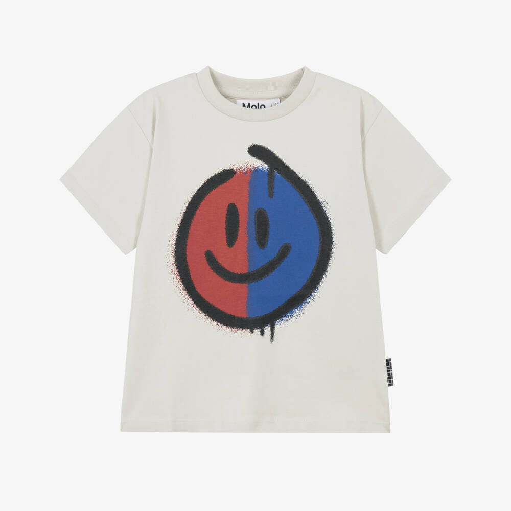 Molo-Boys Grey Cotton T-Shirt with Smiling Face Graphic | Childrensalon