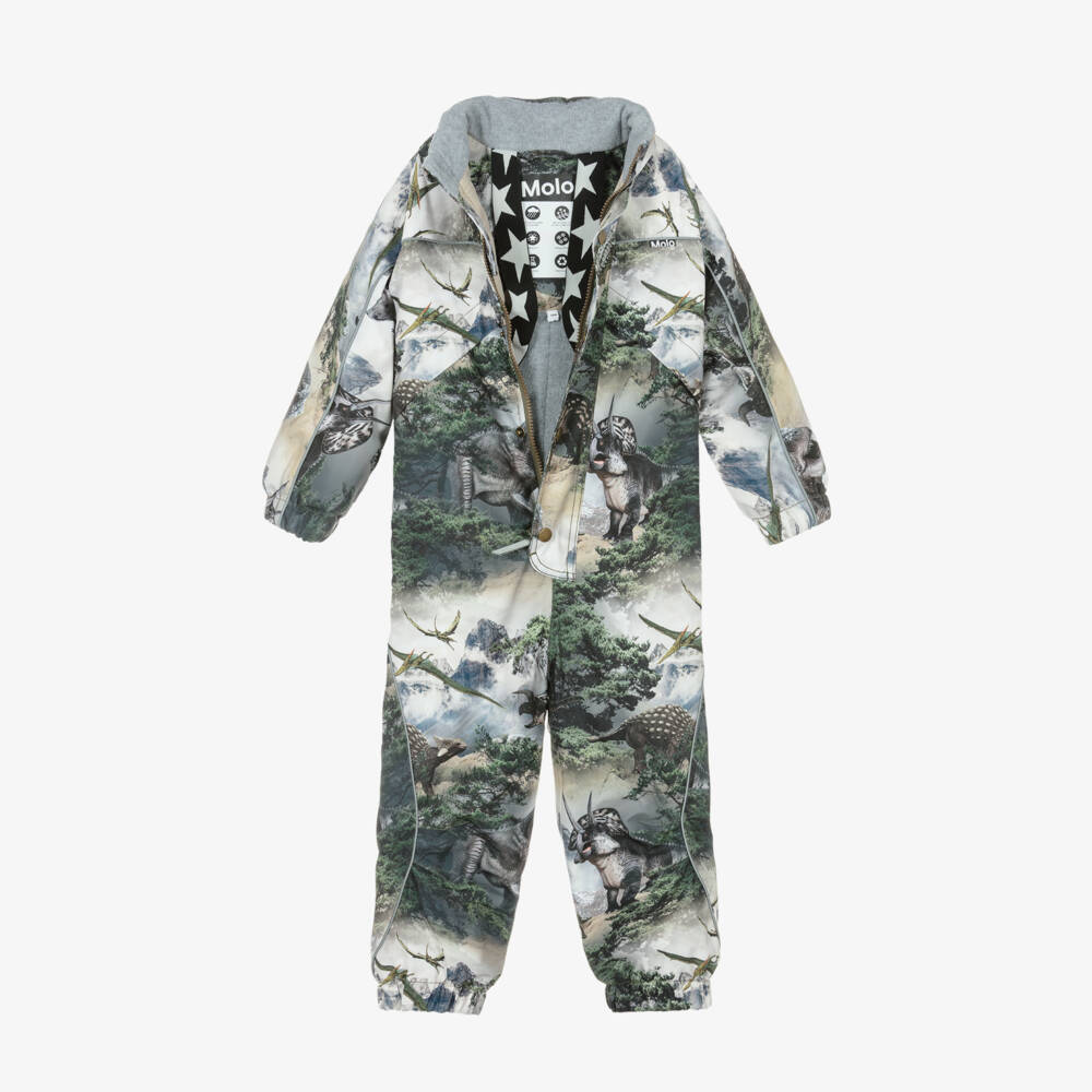 Molo-Boys Grey & Green Dinosaur Print Snowsuit | Childrensalon