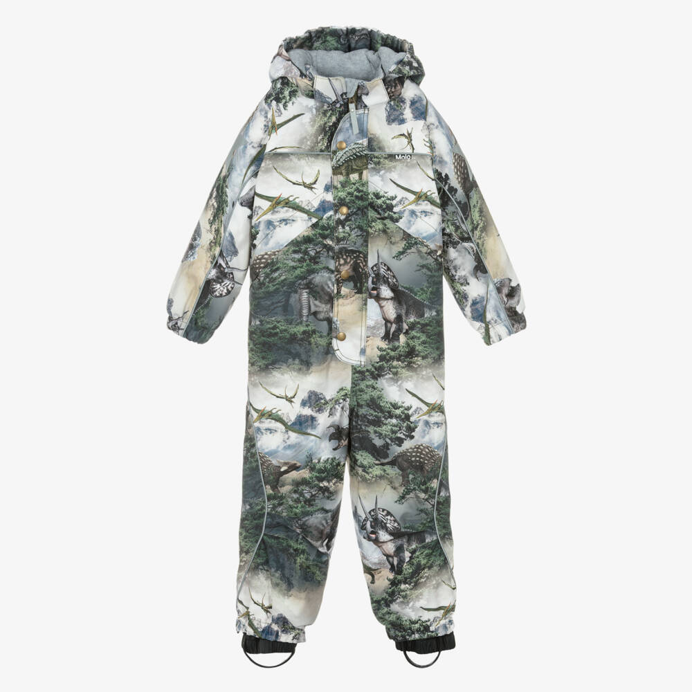 Molo-Boys Grey & Green Dinosaur Print Snowsuit | Childrensalon