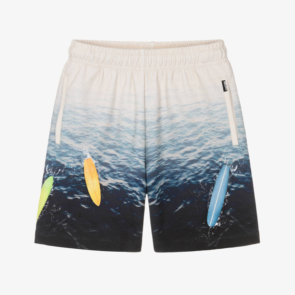 Molo-Boys Ivory & Blue Cotton Jersey Surfboard Shorts | Childrensalon