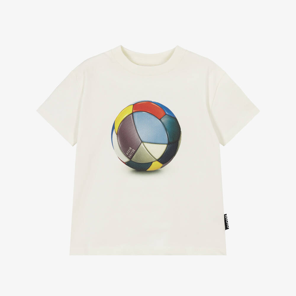 Molo-Boys Ivory Cotton Football Print T-Shirt | Childrensalon